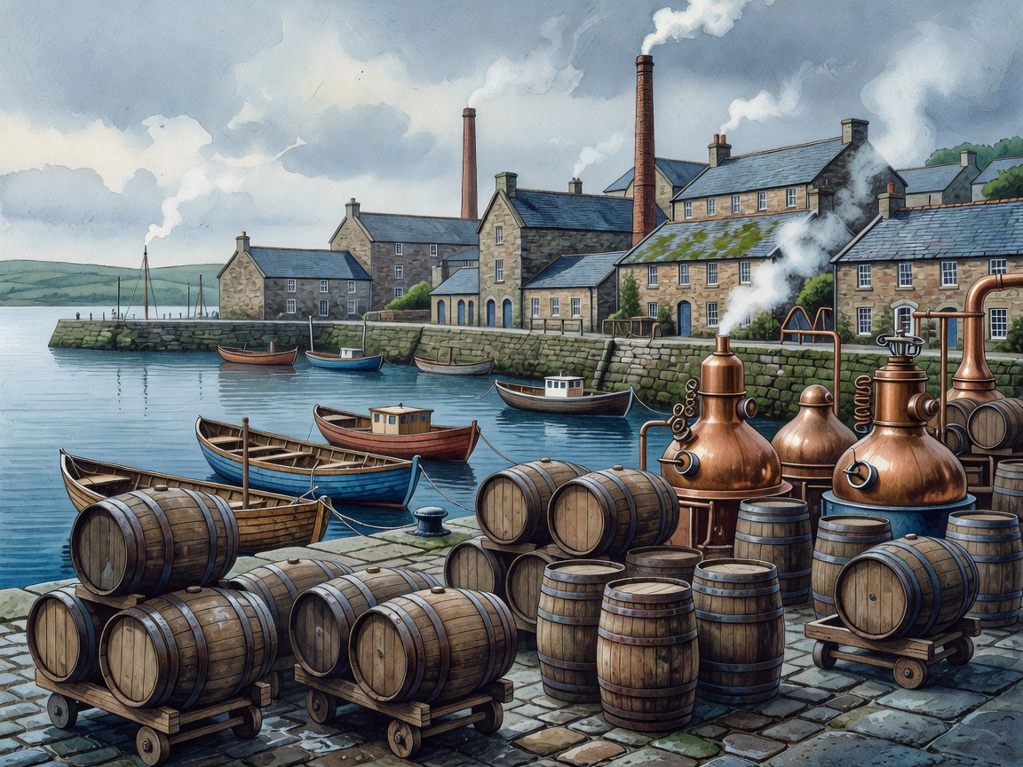 Illustrated Campbeltown harbour with whisky casks and copper stills