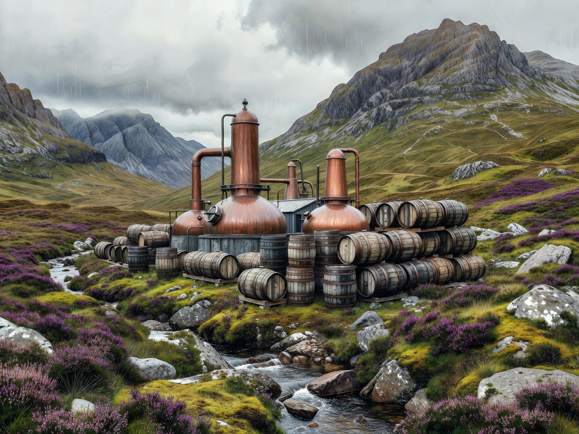 Illustrated Highland glen with mountains, copper stills and oak casks