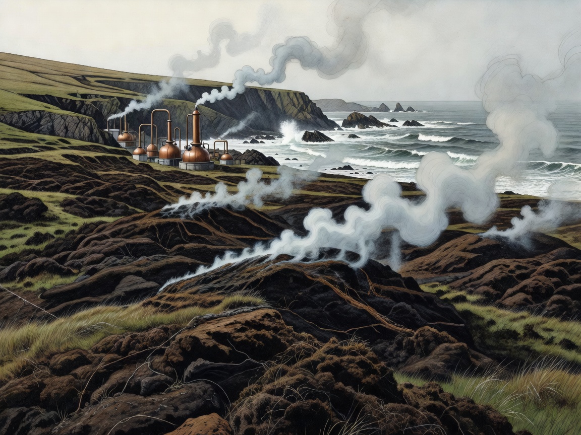 Illustrated Islay coastline with peat banks, smoke and whisky stills