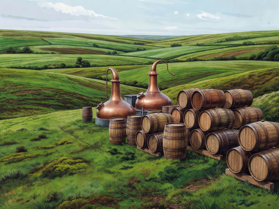 Illustrated Lowland fields beside copper stills and oak casks