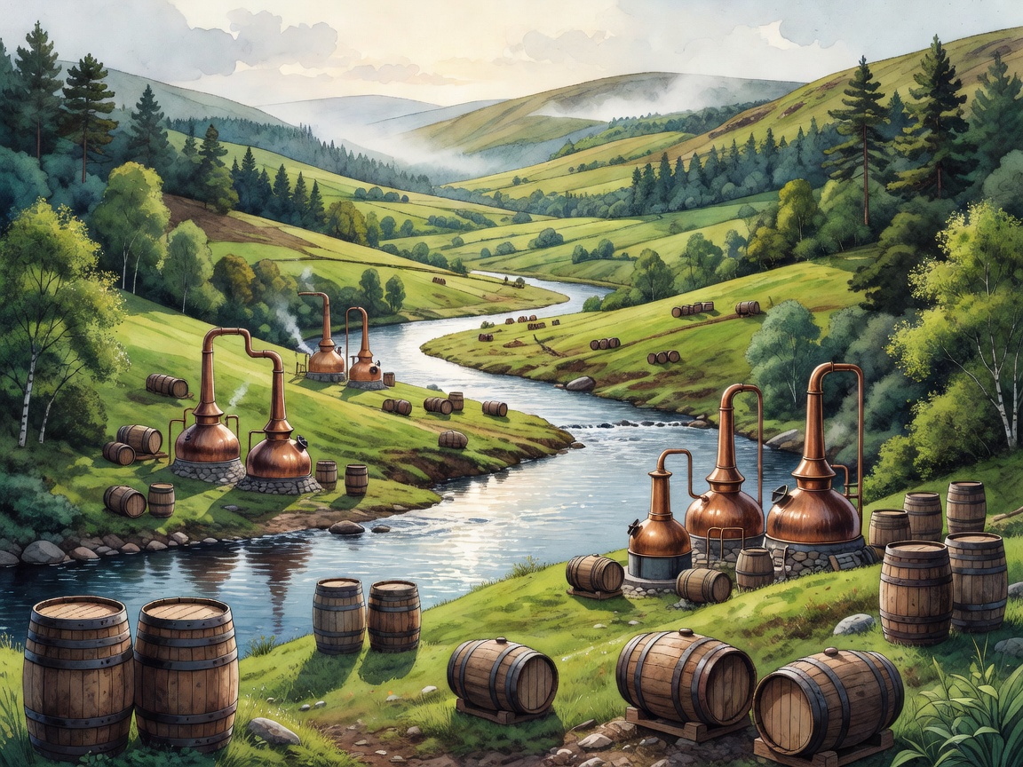 Illustrated Speyside river valley with copper stills and oak casks